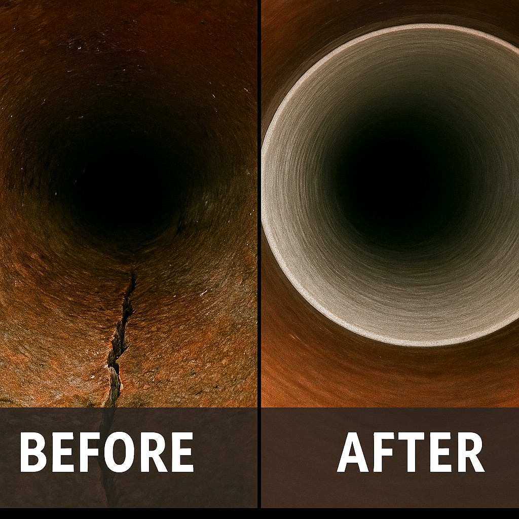 before after cracked damaged sewer pipe